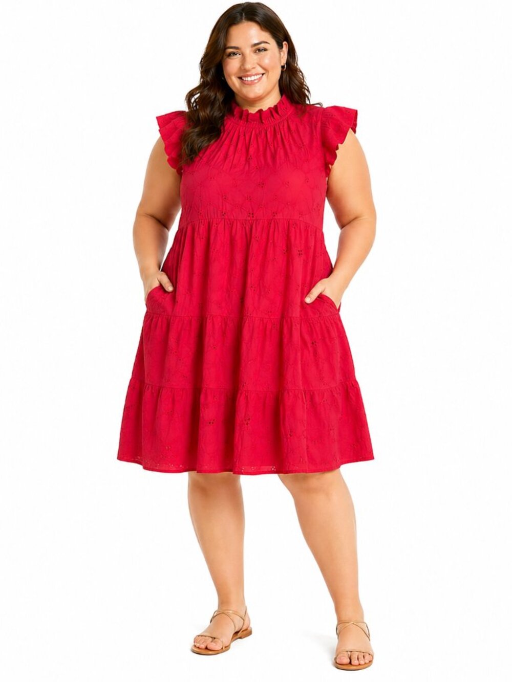 Valentina Naldi Red Eyelet Cotton Dress XL Tiered Ruffle Neck Italy Pockets Line